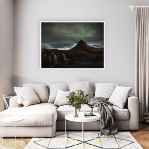 Nua Photography Print Kirkjufell Mountain and Northern Lights with Waterfall, Iceland Kirkjufell Northern Lights & Waterfall Print | Nua Photography
