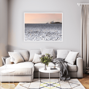 Nua Photography Print Welsh Pebble Beach with Coastal Cottages at Sunset, Wales Welsh Pebble Beach Cottages at Sunset Print | Nua Photography