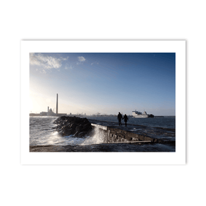 Nua Photography Print Poolbeg Chimneys and Couple Walking the Great South Wall, Dublin City Poolbeg Chimneys Great South Wall Dublin Print | Nua Photography