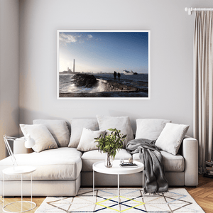 Nua Photography Print Poolbeg Chimneys and Couple Walking the Great South Wall, Dublin City Poolbeg Chimneys Great South Wall Dublin Print | Nua Photography