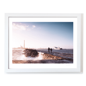 Nua Photography Print Couple Walking the Great South Wall with Poolbeg Chimneys, Dublin City Great South Wall & Poolbeg Chimneys Print | Nua Photography