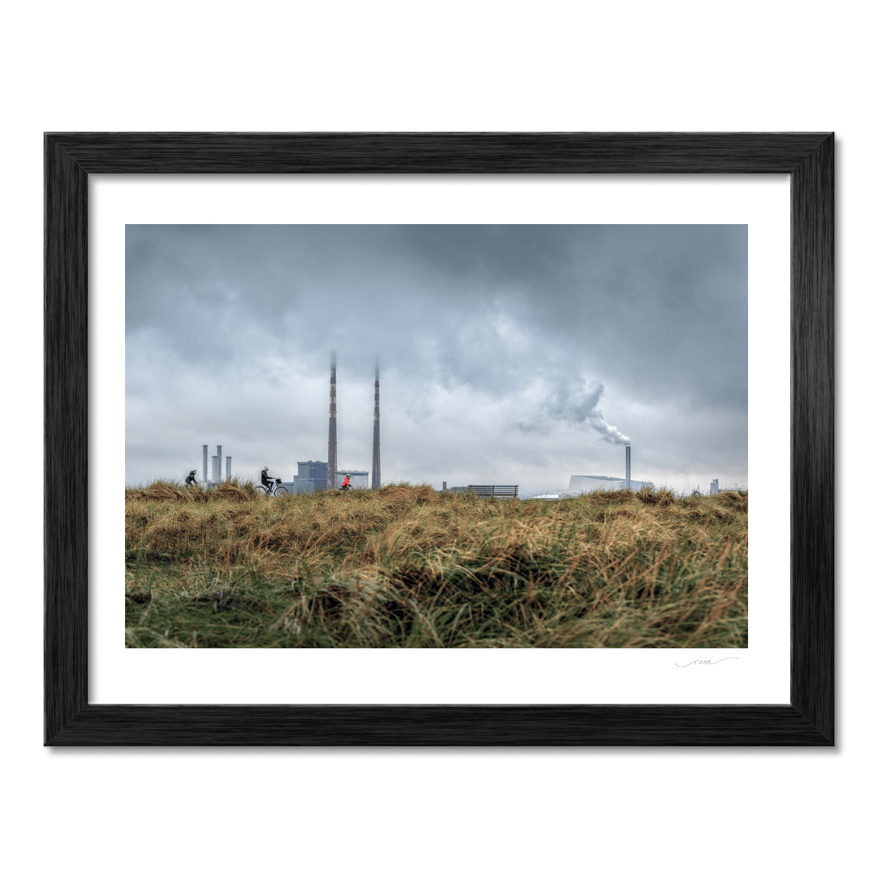 Nua Photography Print Poolbeg Chimneys and Cyclists Under Stormy Skies, Dublin City Poolbeg Chimneys Stormy Sky Dublin Print | Nua Photography