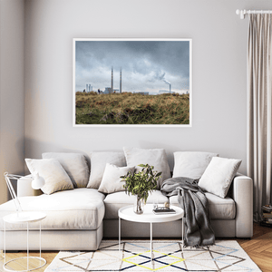 Nua Photography Print Poolbeg Chimneys and Cyclists Under Stormy Skies, Dublin City Poolbeg Chimneys Stormy Sky Dublin Print | Nua Photography