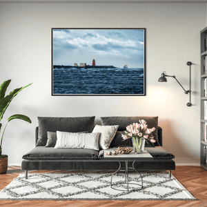Nua Photography Print Poolbeg Lighthouse in Stormy Seas with Passing Ship, Dublin Bay Poolbeg Lighthouse Stormy Seas Dublin Bay Print | Nua Photography