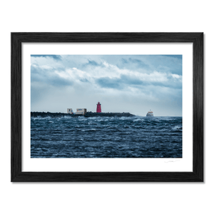 Nua Photography Print Poolbeg Lighthouse in Stormy Seas with Passing Ship, Dublin Bay Poolbeg Lighthouse Stormy Seas Dublin Bay Print | Nua Photography