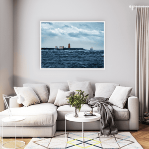 Nua Photography Print Poolbeg Lighthouse in Stormy Seas with Passing Ship, Dublin Bay Poolbeg Lighthouse Stormy Seas Dublin Bay Print | Nua Photography