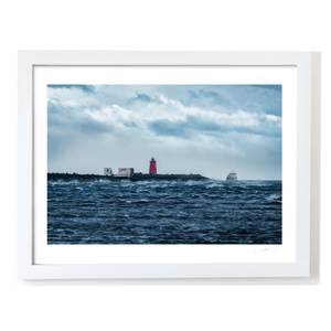 Nua Photography Print Poolbeg Lighthouse in Stormy Seas with Passing Ship, Dublin Bay Poolbeg Lighthouse Stormy Seas Dublin Bay Print | Nua Photography