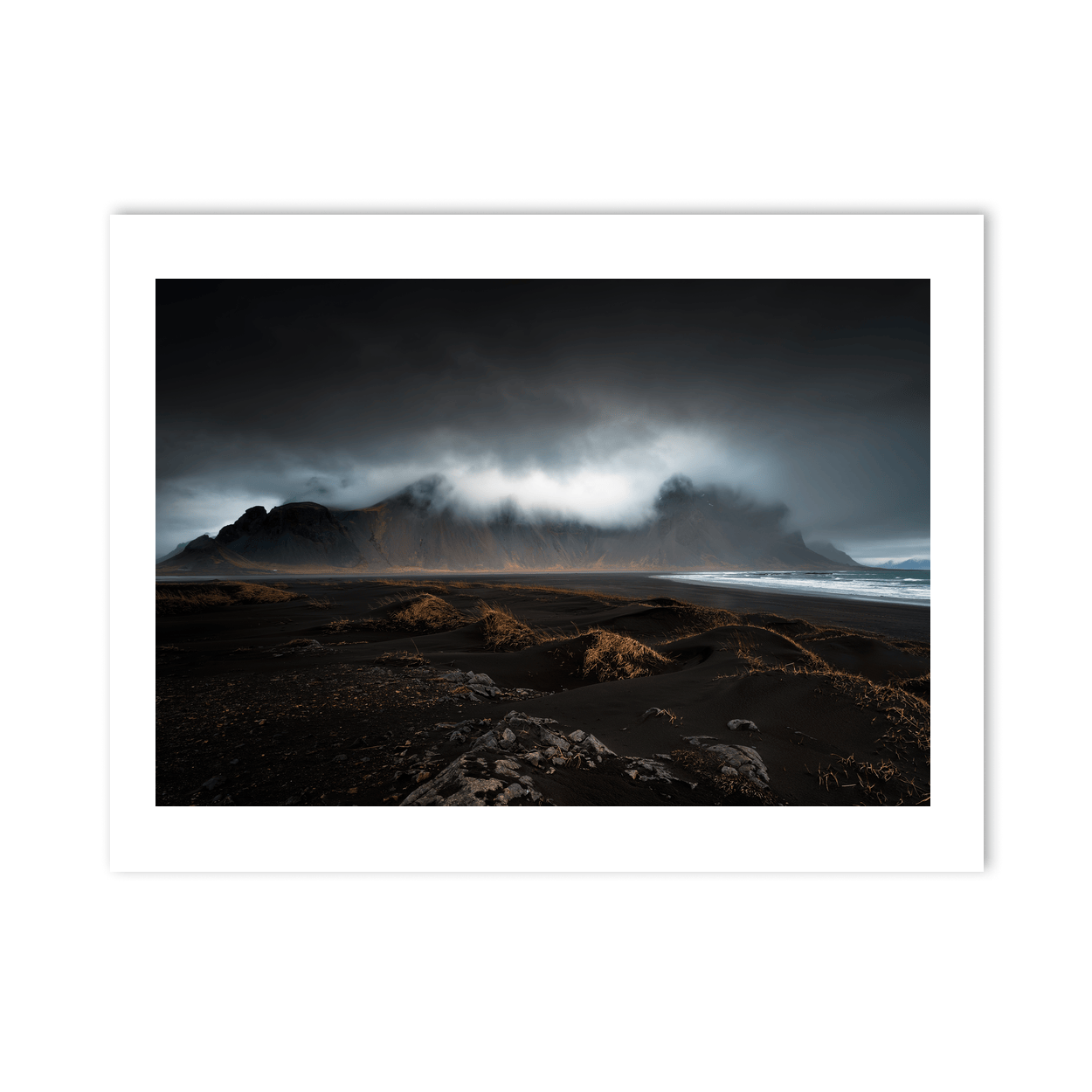 Nua Photography Print Vestrahorn Mountain and Black Sand Beach Under Storm Clouds, Iceland Vestrahorn Black Sand Beach Storm Clouds Print | Nua Photography