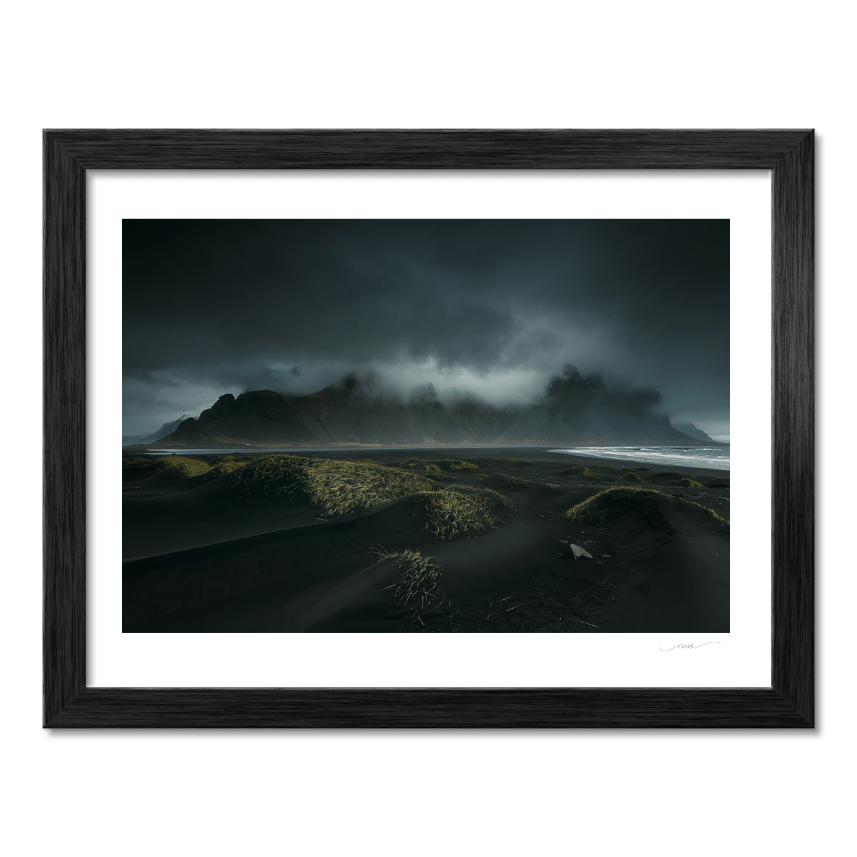 Nua Photography Print Vestrahorn Mountain and Black Sand Dunes Under Stormy Skies, Iceland Vestrahorn Black Sand Dunes Stormy Skies Print | Nua Photography