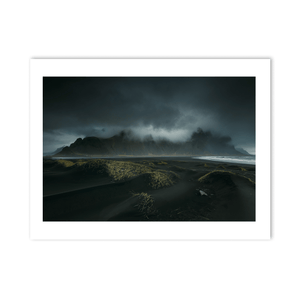 Nua Photography Print Vestrahorn Mountain and Black Sand Dunes Under Stormy Skies, Iceland Vestrahorn Black Sand Dunes Stormy Skies Print | Nua Photography