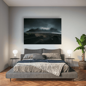 Nua Photography Print Vestrahorn Mountain and Black Sand Dunes Under Stormy Skies, Iceland Vestrahorn Black Sand Dunes Stormy Skies Print | Nua Photography