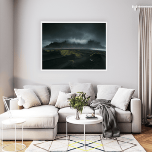 Nua Photography Print Vestrahorn Mountain and Black Sand Dunes Under Stormy Skies, Iceland Vestrahorn Black Sand Dunes Stormy Skies Print | Nua Photography