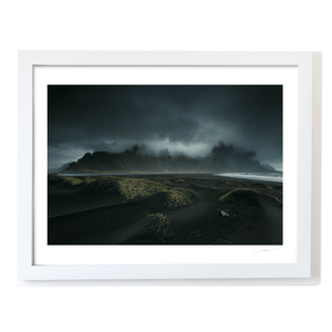 Nua Photography Print Vestrahorn Mountain and Black Sand Dunes Under Stormy Skies, Iceland Vestrahorn Black Sand Dunes Stormy Skies Print | Nua Photography