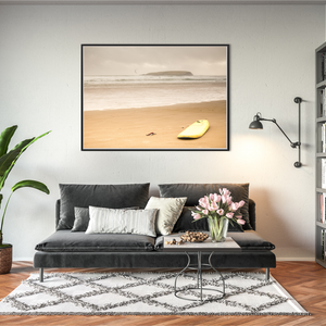 yellow-surfboard-sandy-beach-overcast-day BFW