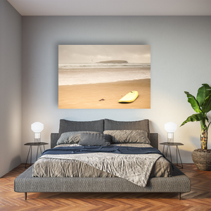 yellow-surfboard-sandy-beach-overcast-day Pano