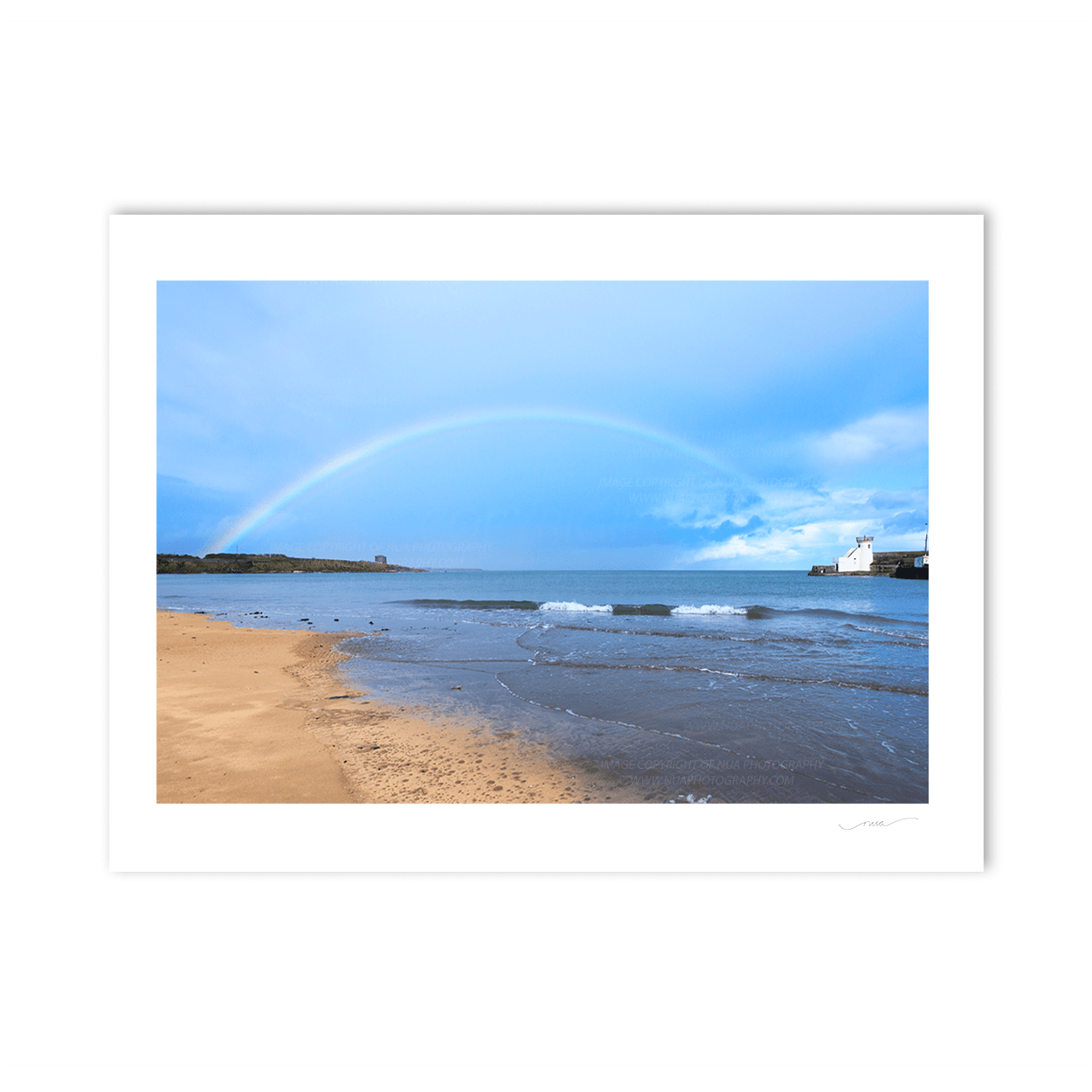 Nua Photography Print Balbriggan Harbour & Beach under a Rainbow