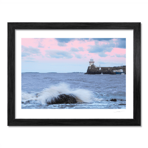 Nua Photography Print Balbriggan harbour Lighthouse with pink evening skies