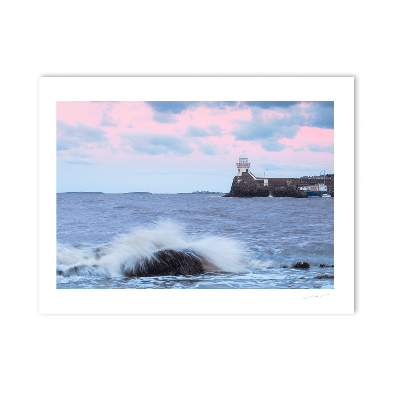 Nua Photography Print Balbriggan harbour Lighthouse with pink evening skies