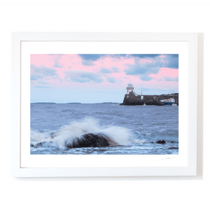 Nua Photography Print Balbriggan harbour Lighthouse with pink evening skies