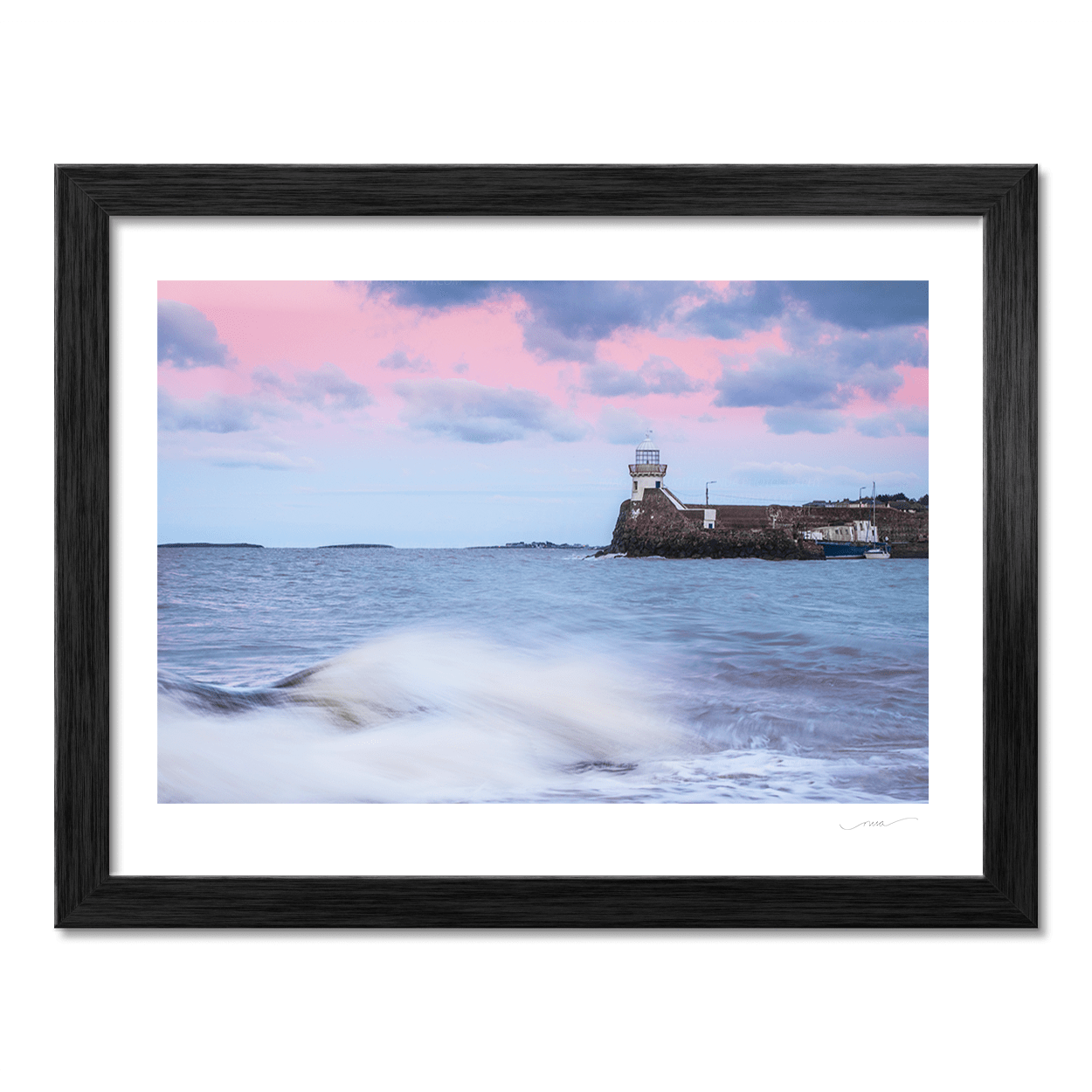 Nua Photography Print Balbriggan Lighthouse with pink evening skies and waves