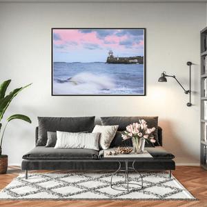 Nua Photography Print Balbriggan Lighthouse with pink evening skies and waves